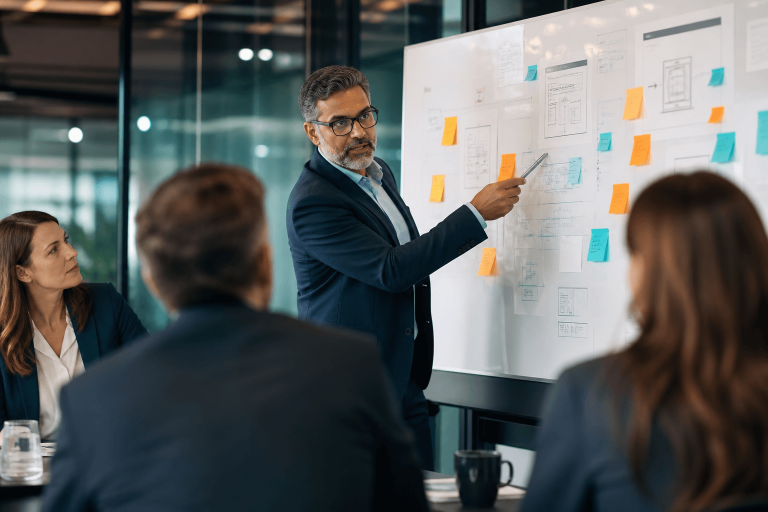 Consultants collaborating at a strategy workshop with whiteboard diagrams